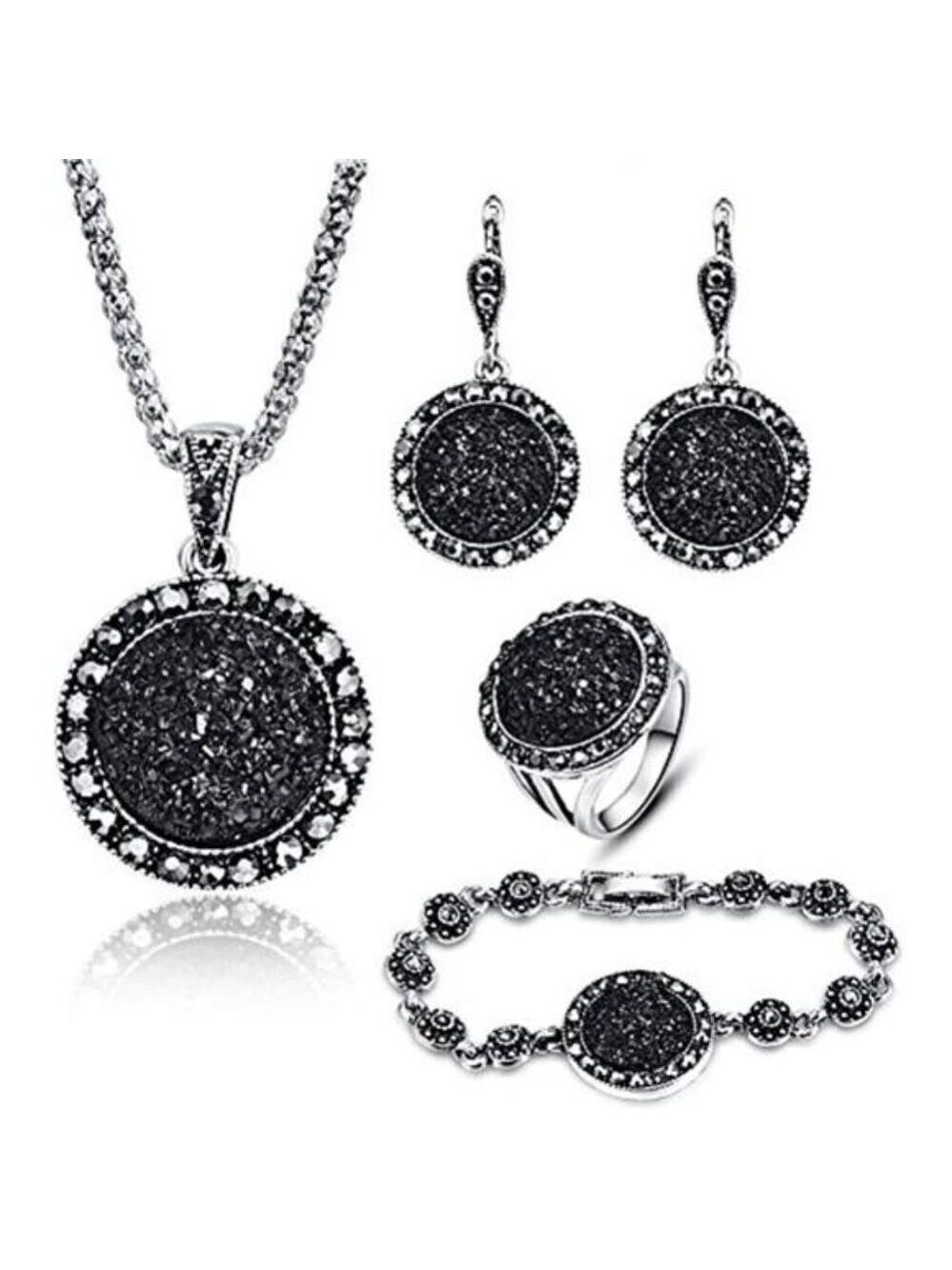 Sparkly Hoop Pendant Jewelry Set for Women Necklace Bracelet Ring Earring Gift